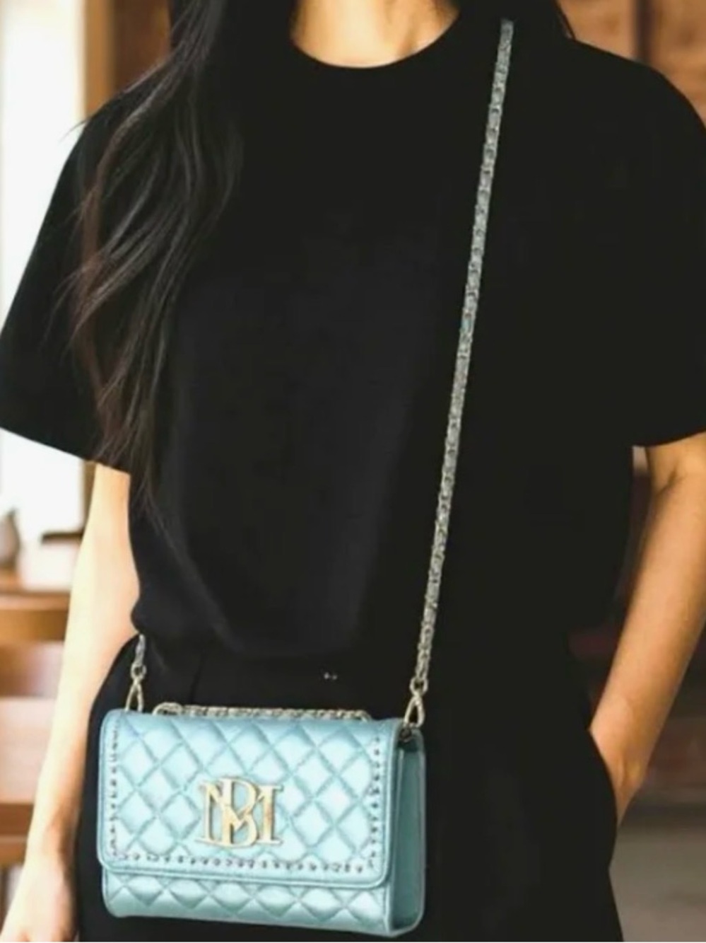 Badgley Mischka Quilted Light Blue Crossbody with Chain Strap